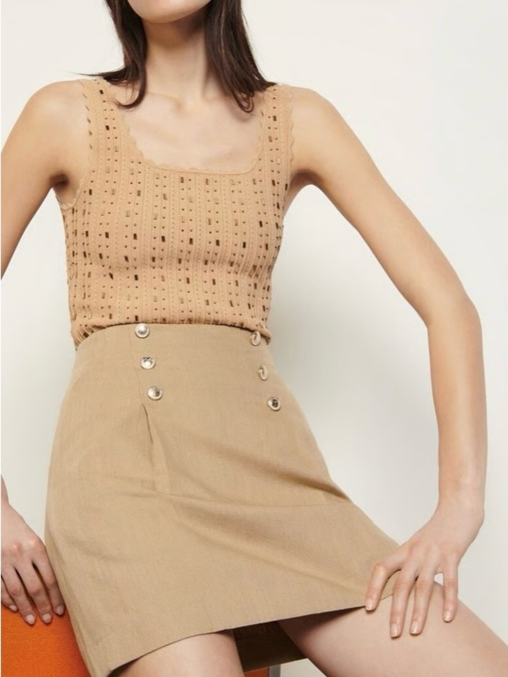 Sandro Paris French  Mini Skirt with Front Button Detail Cotton & Linen